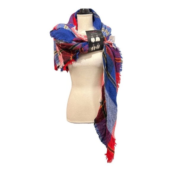LuLu NYC Blanket Scarf Plaid Multicolor Red Blue Fringe Soft Outdoor Winter Fall - Picture 1 of 4